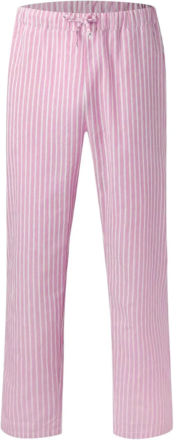 Oplxuo Cotton Linen Pants for Women Casual Straight Leg Elastic Waist Trousers Stripe Print Beach Summer Pants with Pockets