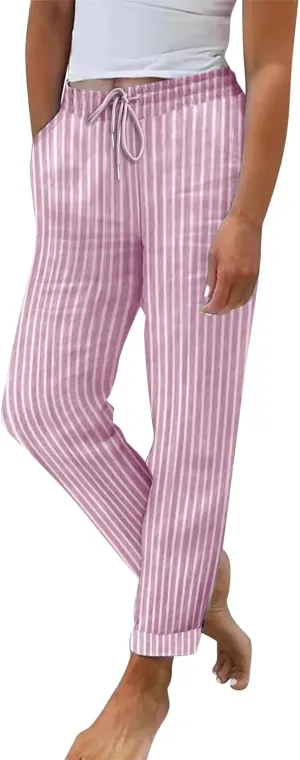 Oplxuo Cotton Linen Pants for Women Casual Straight Leg Elastic Waist Trousers Stripe Print Beach Summer Pants with Pockets