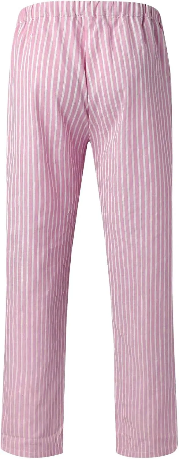 Oplxuo Cotton Linen Pants for Women Casual Straight Leg Elastic Waist Trousers Stripe Print Beach Summer Pants with Pockets