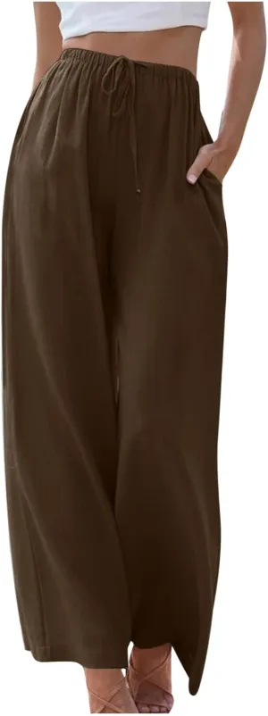 Oplxuo Women's Cotton Linen Palazzo Pants Summer Flowy Wide Leg Beach Trousers Drawstring Stretchy Lounge Pants with Pockets