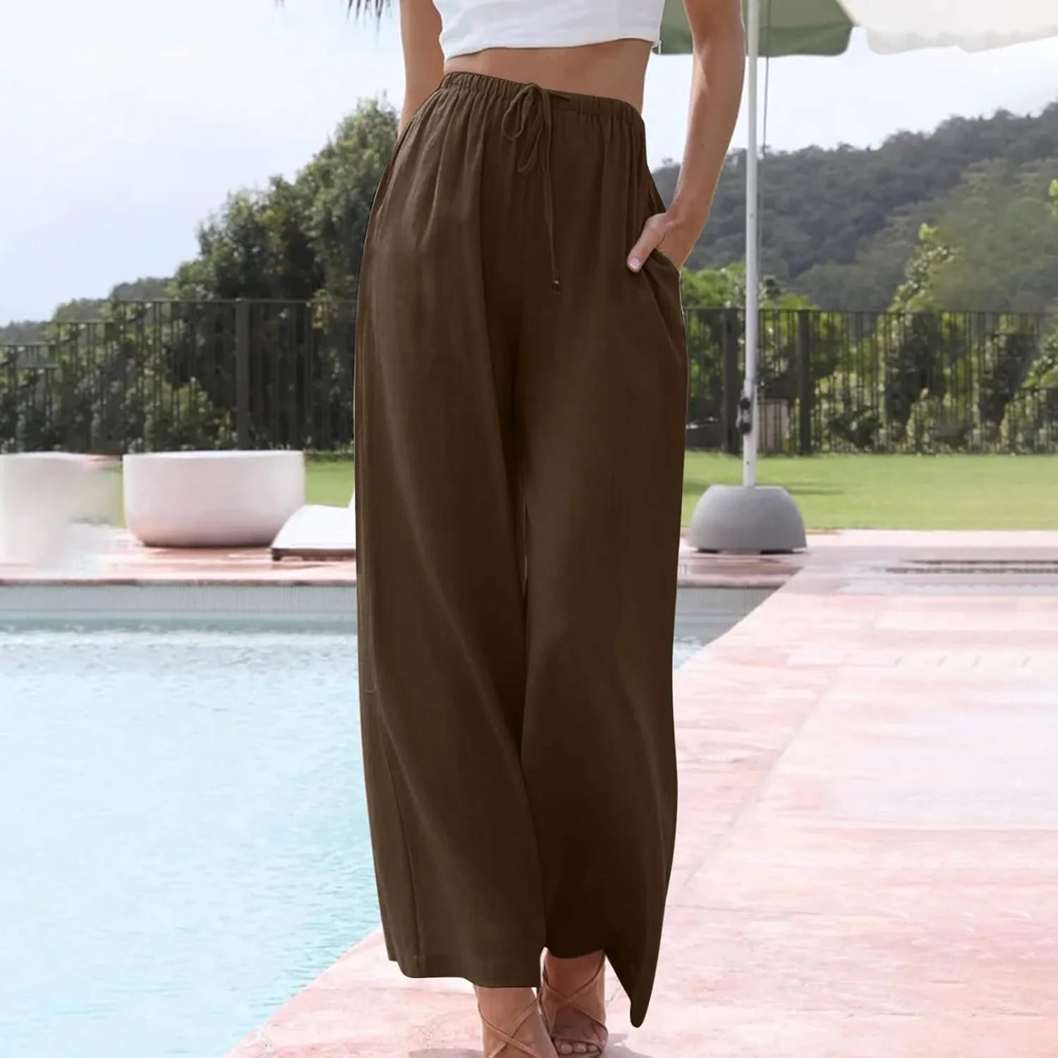 Oplxuo Women's Cotton Linen Palazzo Pants Summer Flowy Wide Leg Beach Trousers Drawstring Stretchy Lounge Pants with Pockets