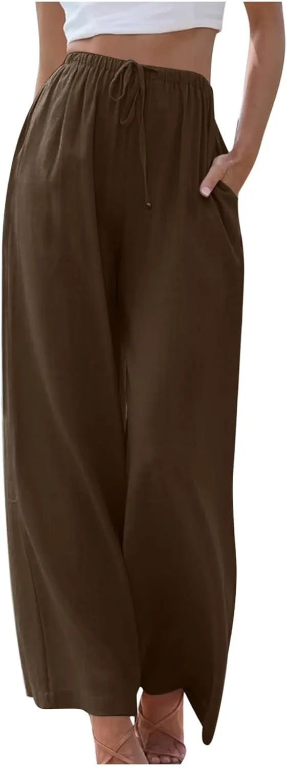 Oplxuo Women's Cotton Linen Palazzo Pants Summer Flowy Wide Leg Beach Trousers Drawstring Stretchy Lounge Pants with Pockets