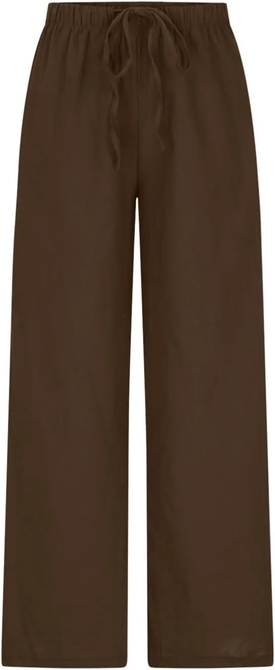 Oplxuo Women's Cotton Linen Palazzo Pants Summer Flowy Wide Leg Beach Trousers Drawstring Stretchy Lounge Pants with Pockets