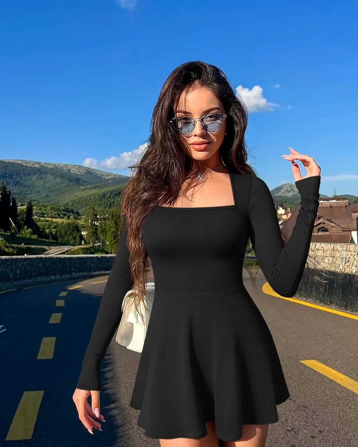 OQQ Women Long Sleeve Dresses Square Neck Casual Party Club A-Line Mini Dress