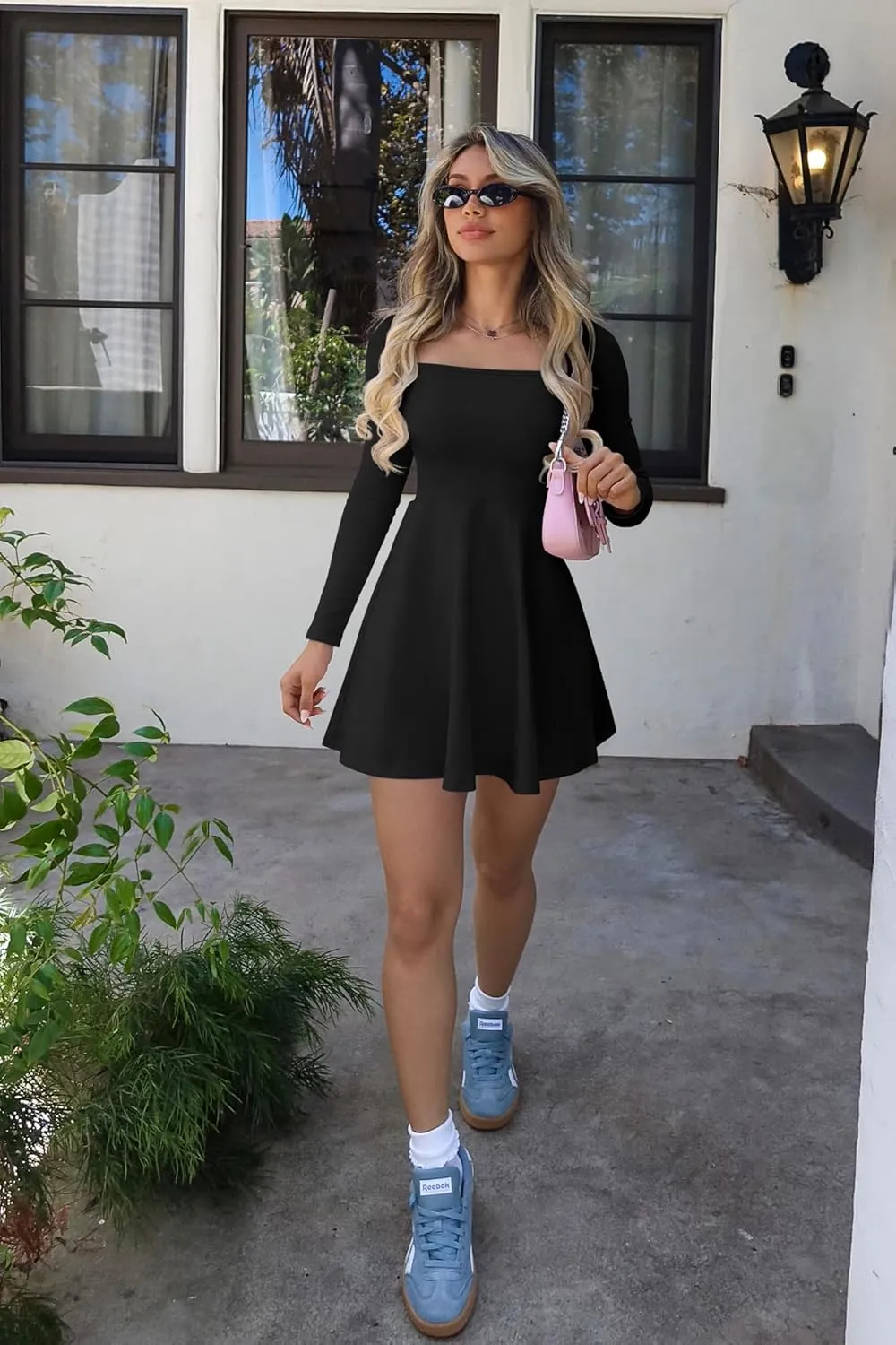 OQQ Women Long Sleeve Dresses Square Neck Casual Party Club A-Line Mini Dress