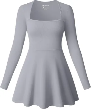OQQ Women Long Sleeve Dresses Square Neck Casual Party Club A-Line Mini Dress