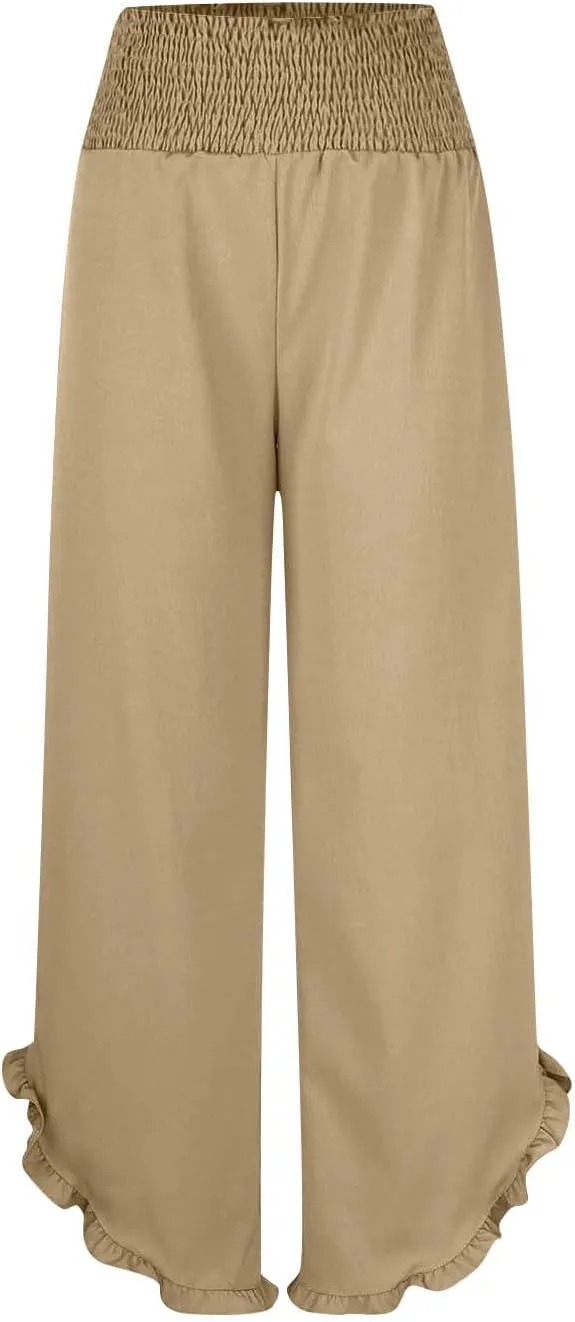 Palazzo Pants for Women Summer Linen Smocked Waist Wide Leg Pant Boho Flowy Ruffle Hem Casual Beach Vacation Trousers