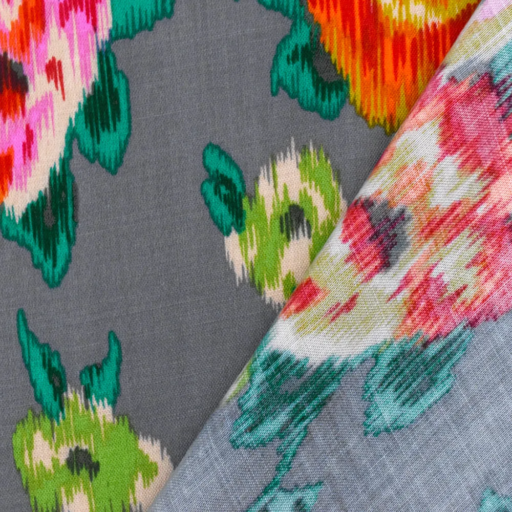 Pebble Gray-Multi Ikat Floral Printed Challis Woven Fabric