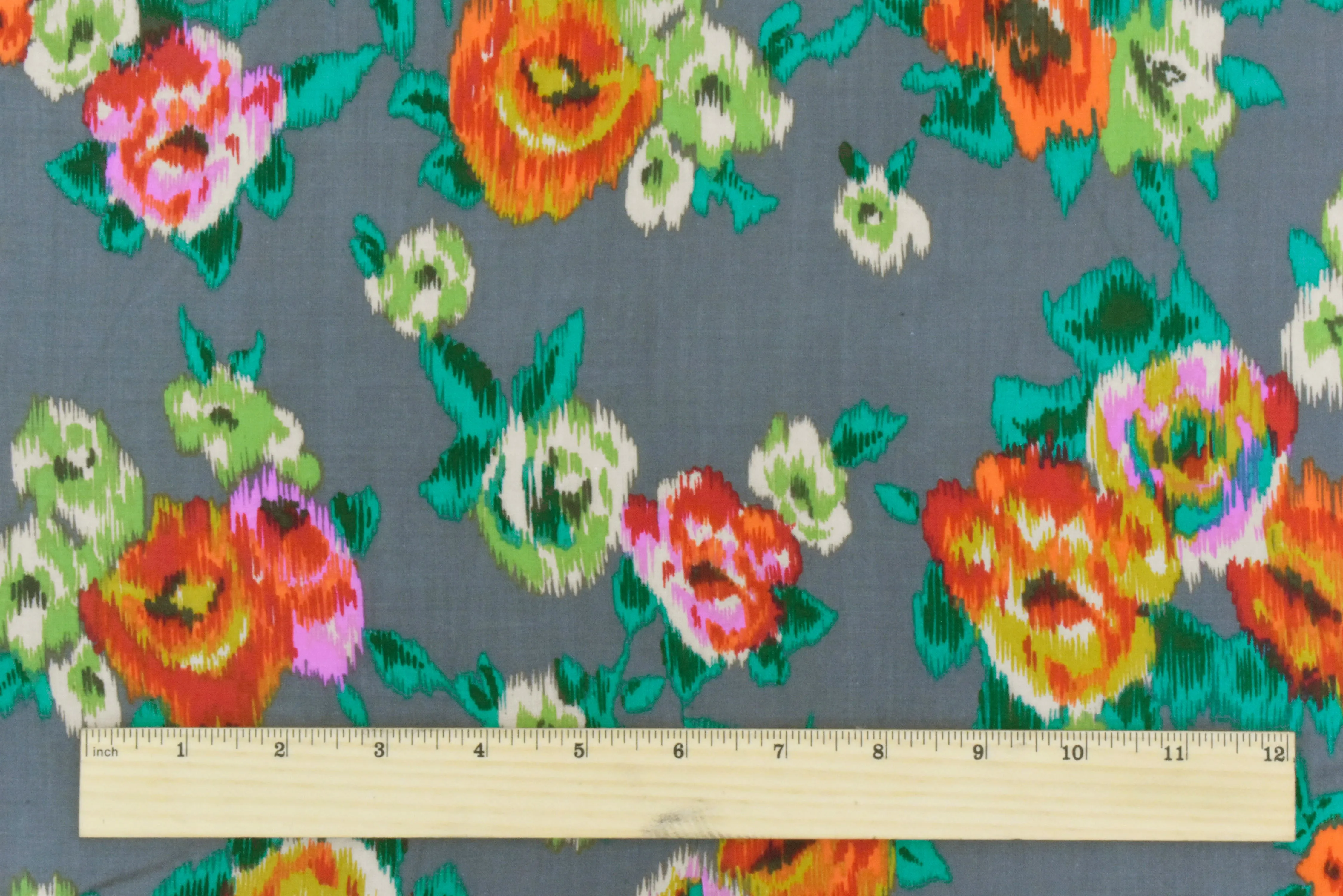 Pebble Gray-Multi Ikat Floral Printed Challis Woven Fabric