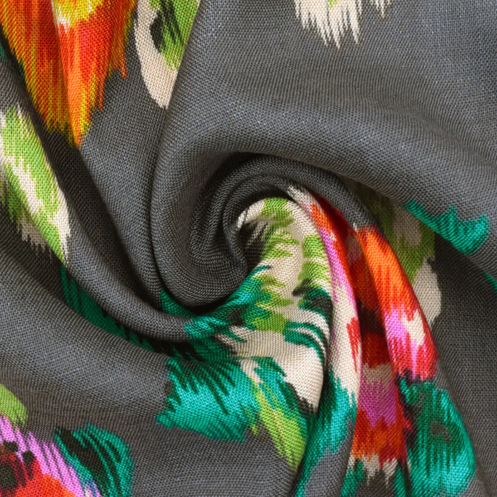 Pebble Gray-Multi Ikat Floral Printed Challis Woven Fabric