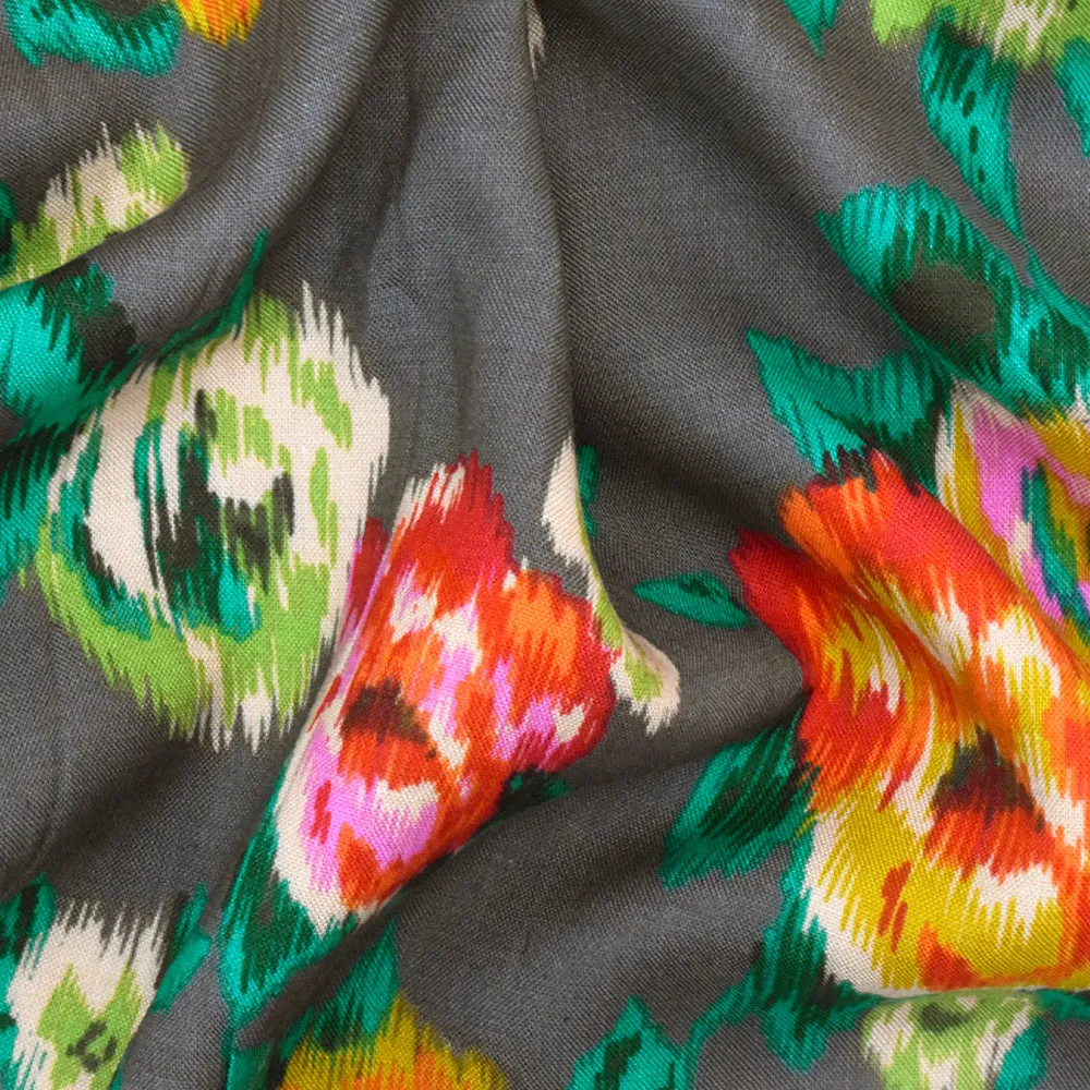 Pebble Gray-Multi Ikat Floral Printed Challis Woven Fabric