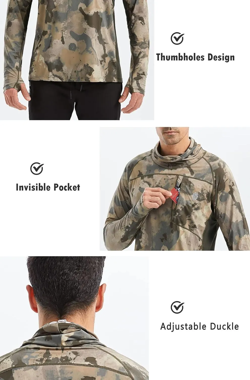PIQIDIG Men's Sun Protection Hoodie Shirts UPF 50  Long Sleeve Rash Guard Performance Athletic Running Hiking T-Shirt