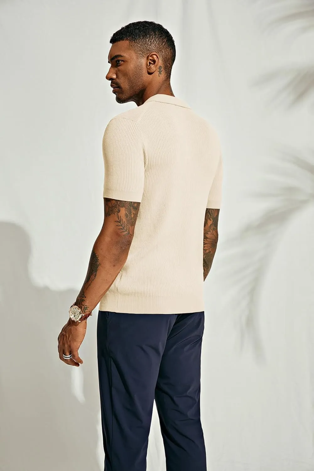 PJ PAUL JONES Mens Polo Shirts Short Sleeve Casual V Neck Ribbed Textured Knit Polo Shirt