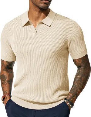 PJ PAUL JONES Mens Polo Shirts Short Sleeve Casual V Neck Ribbed Textured Knit Polo Shirt