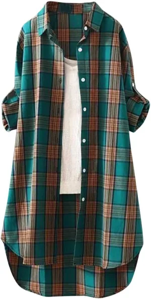 Plaid Long Shirts for Women 2025 Fashion Oversized Long Sleeve Button Up Collared Blouse Summer Casual Beach Cover Up