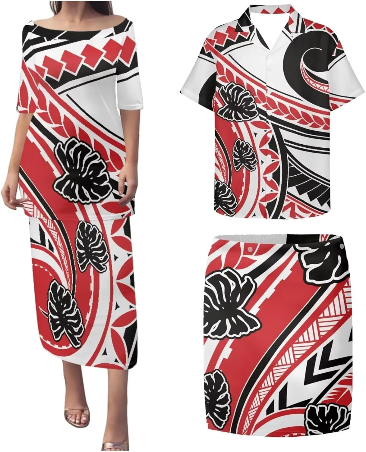 Plus Size Couple Outfit Sets Polynesian Tapa Puletasi Samoan Women Dress and Men Shirts Lavalava Couple Sets