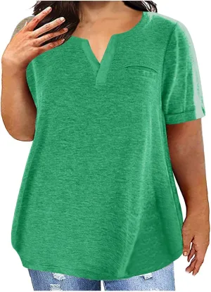 Plus Size Tops for Women Short Sleeve Cotton Summer Shirts Loose Fit V Neck T Shirt Solid Color Top with Front Pocket