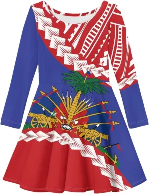 Polynesian Samoa Printed Dress Summer Casual Beach Swing Long Sleeve Sundress