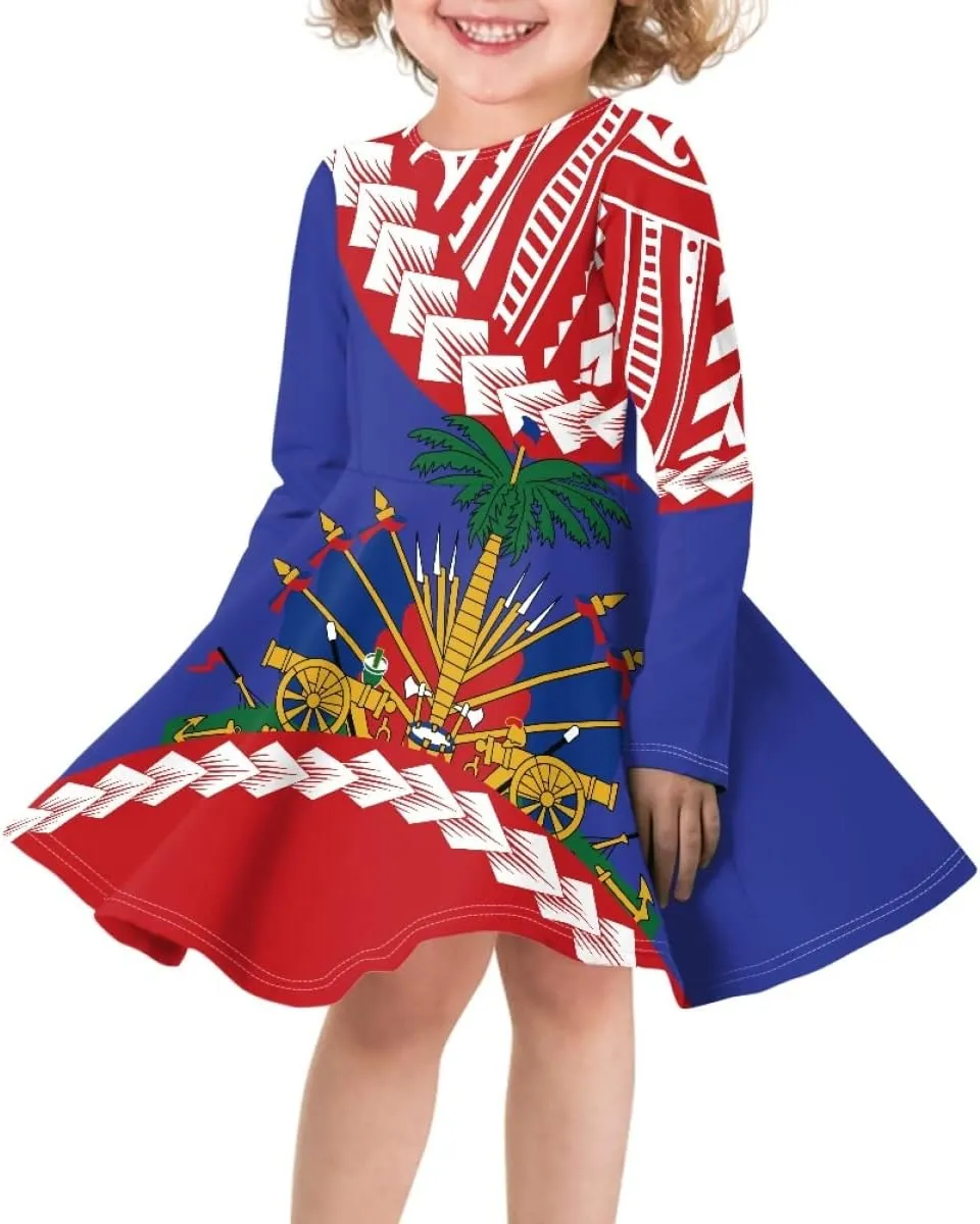 Polynesian Samoa Printed Dress Summer Casual Beach Swing Long Sleeve Sundress