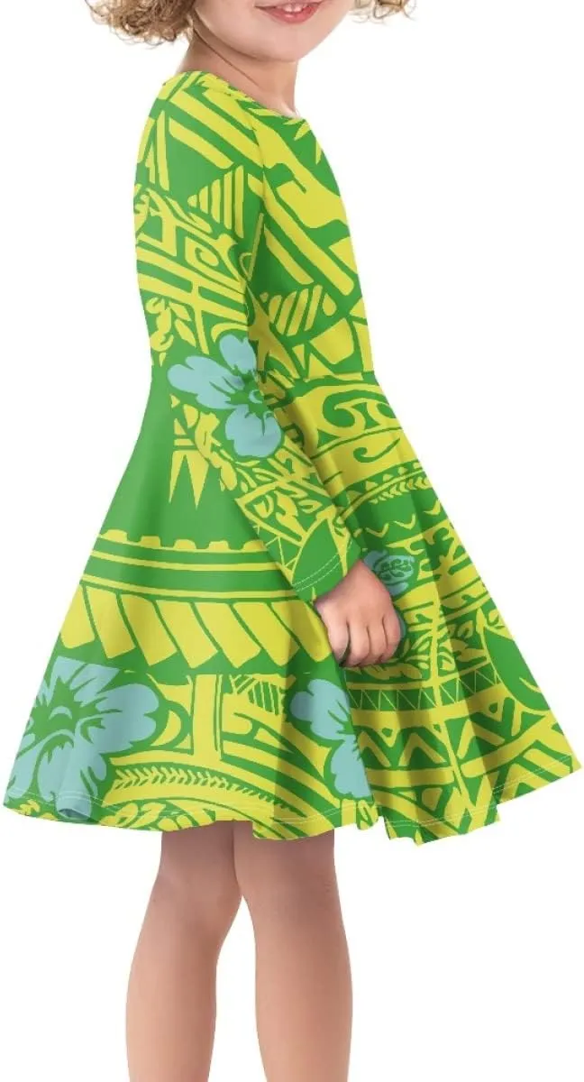 Polynesian Samoa Printed Dress Summer Casual Beach Swing Long Sleeve Sundress