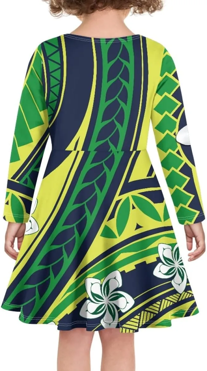 Polynesian Samoa Printed Dress Summer Casual Beach Swing Long Sleeve Sundress