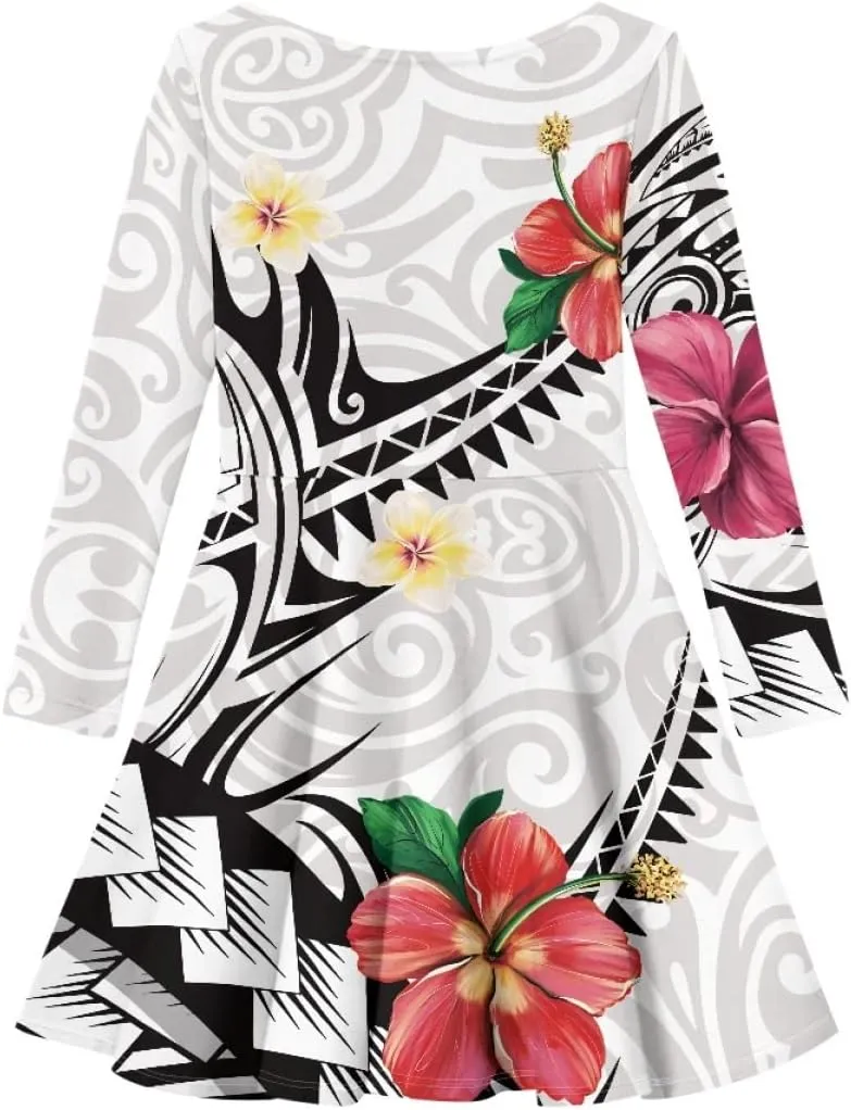 Polynesian Samoa Printed Dress Summer Casual Beach Swing Long Sleeve Sundress