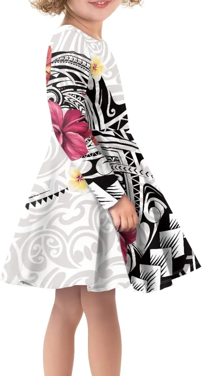 Polynesian Samoa Printed Dress Summer Casual Beach Swing Long Sleeve Sundress