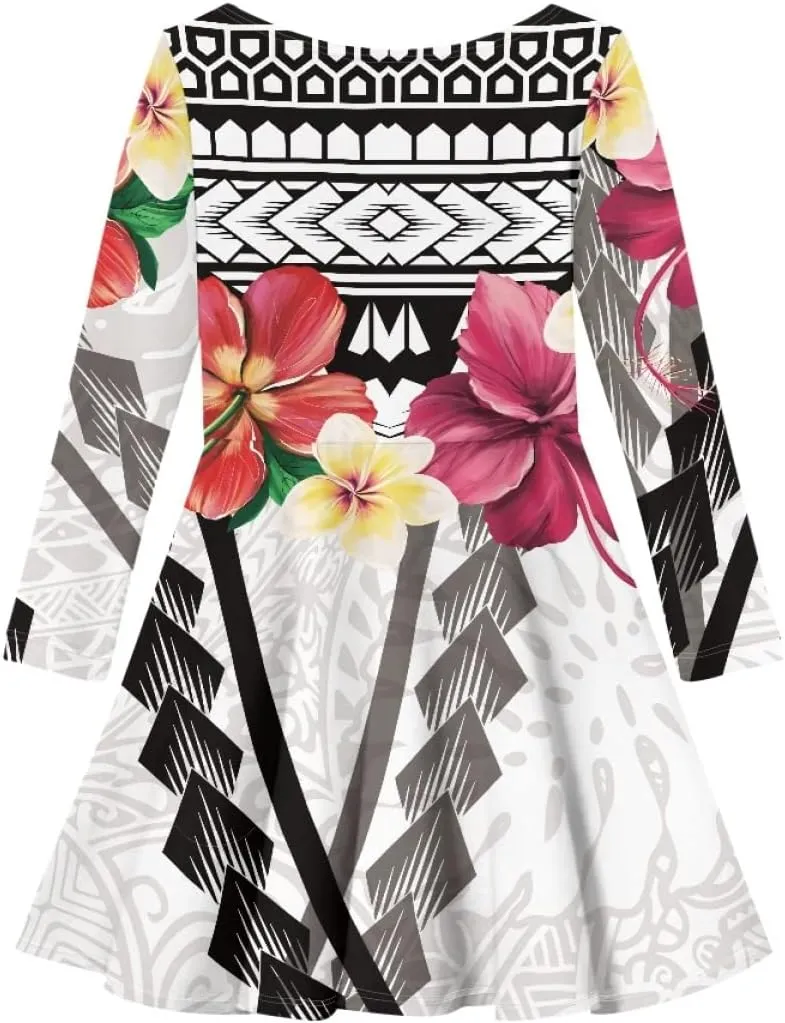 Polynesian Samoa Printed Dress Summer Casual Beach Swing Long Sleeve Sundress