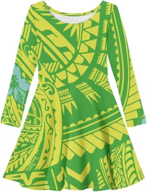 Polynesian Samoa Printed Dress Summer Casual Beach Swing Long Sleeve Sundress