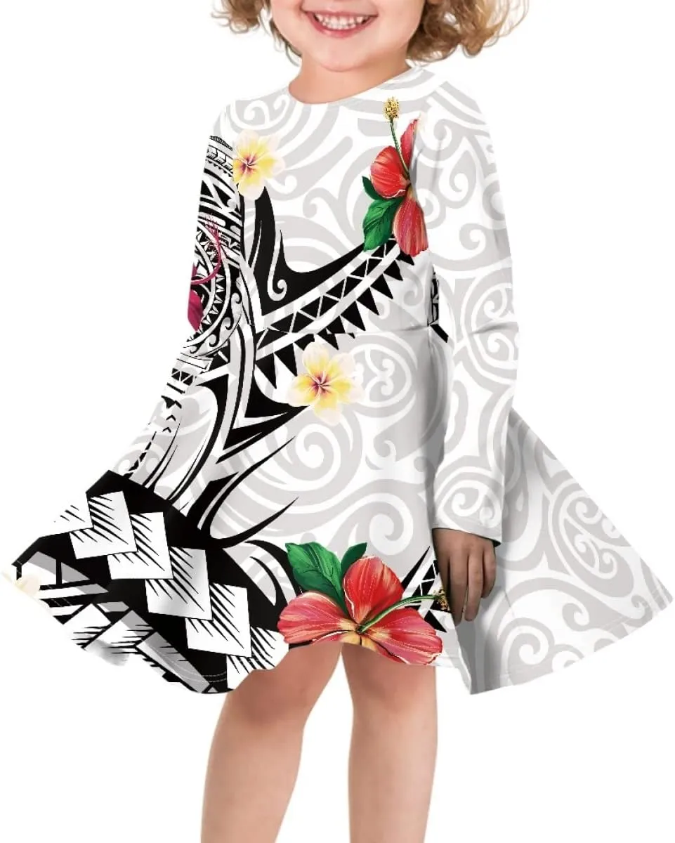 Polynesian Samoa Printed Dress Summer Casual Beach Swing Long Sleeve Sundress