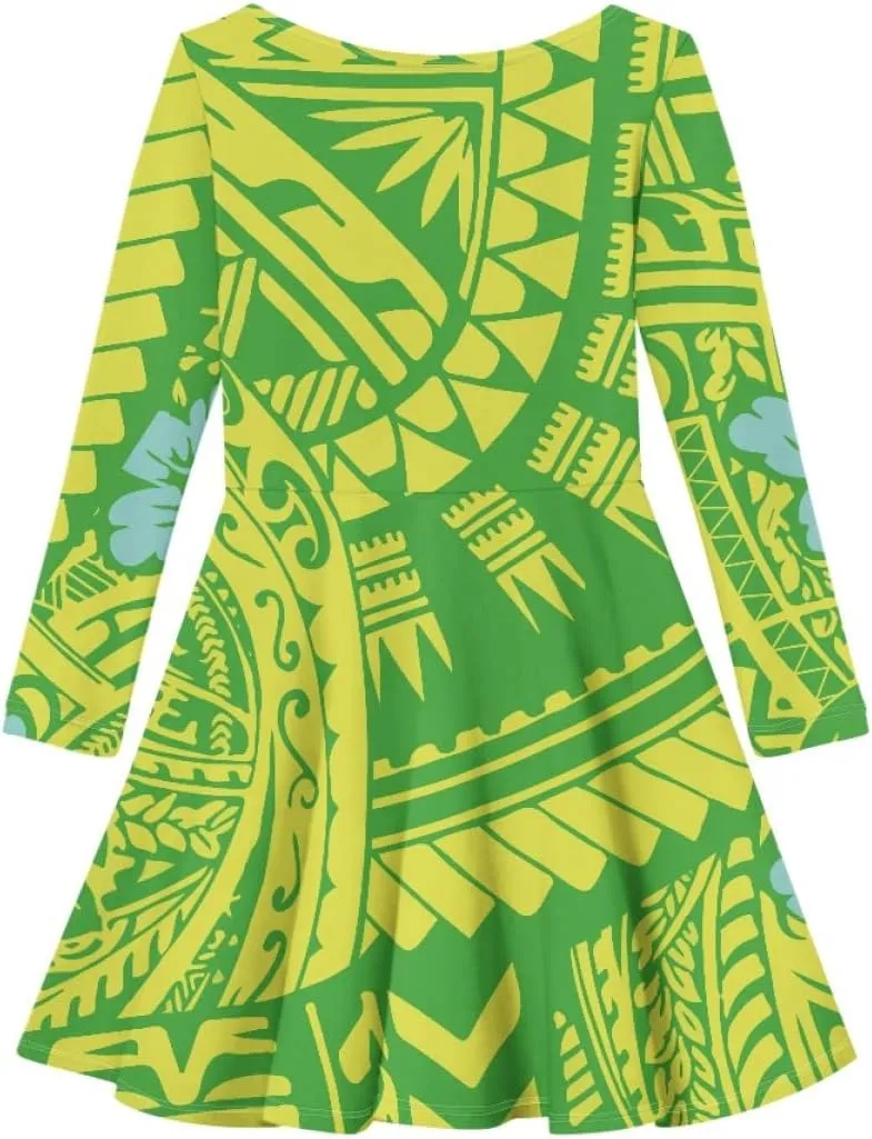 Polynesian Samoa Printed Dress Summer Casual Beach Swing Long Sleeve Sundress
