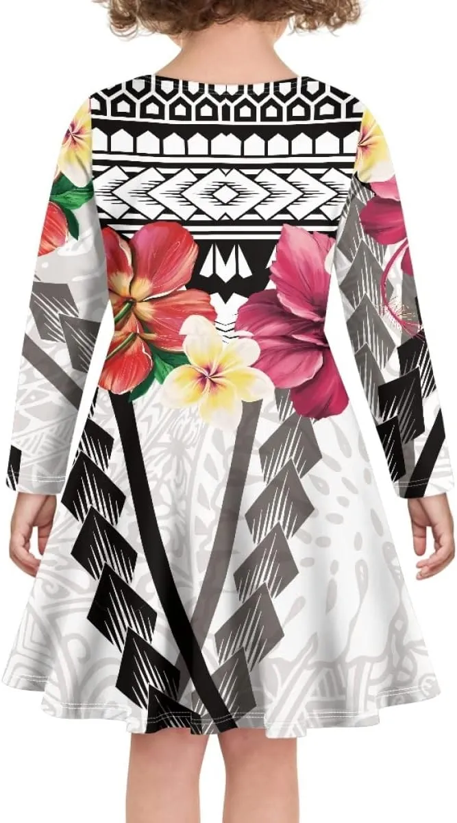 Polynesian Samoa Printed Dress Summer Casual Beach Swing Long Sleeve Sundress