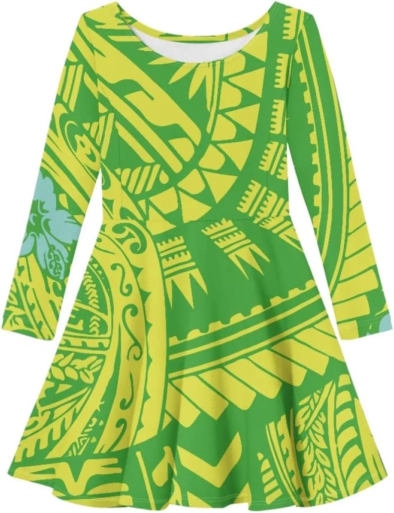 Polynesian Samoa Printed Dress Summer Casual Beach Swing Long Sleeve Sundress