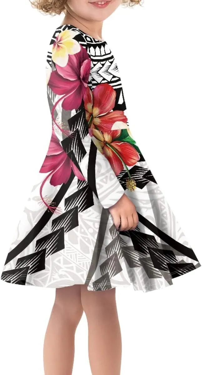 Polynesian Samoa Printed Dress Summer Casual Beach Swing Long Sleeve Sundress