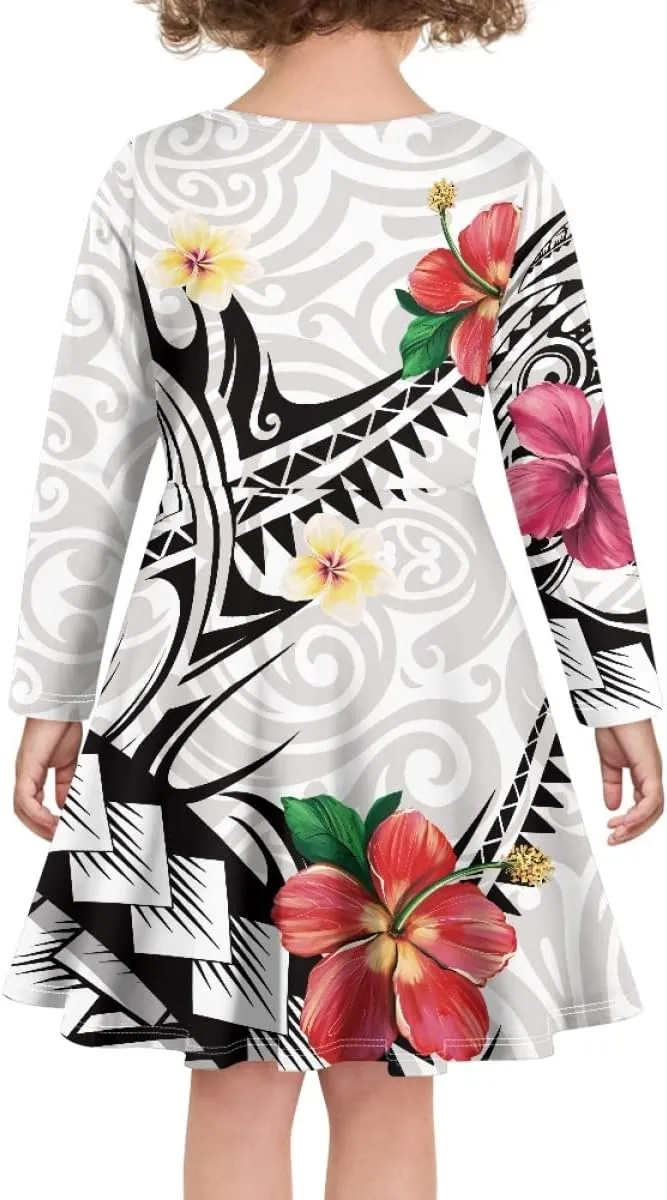 Polynesian Samoa Printed Dress Summer Casual Beach Swing Long Sleeve Sundress