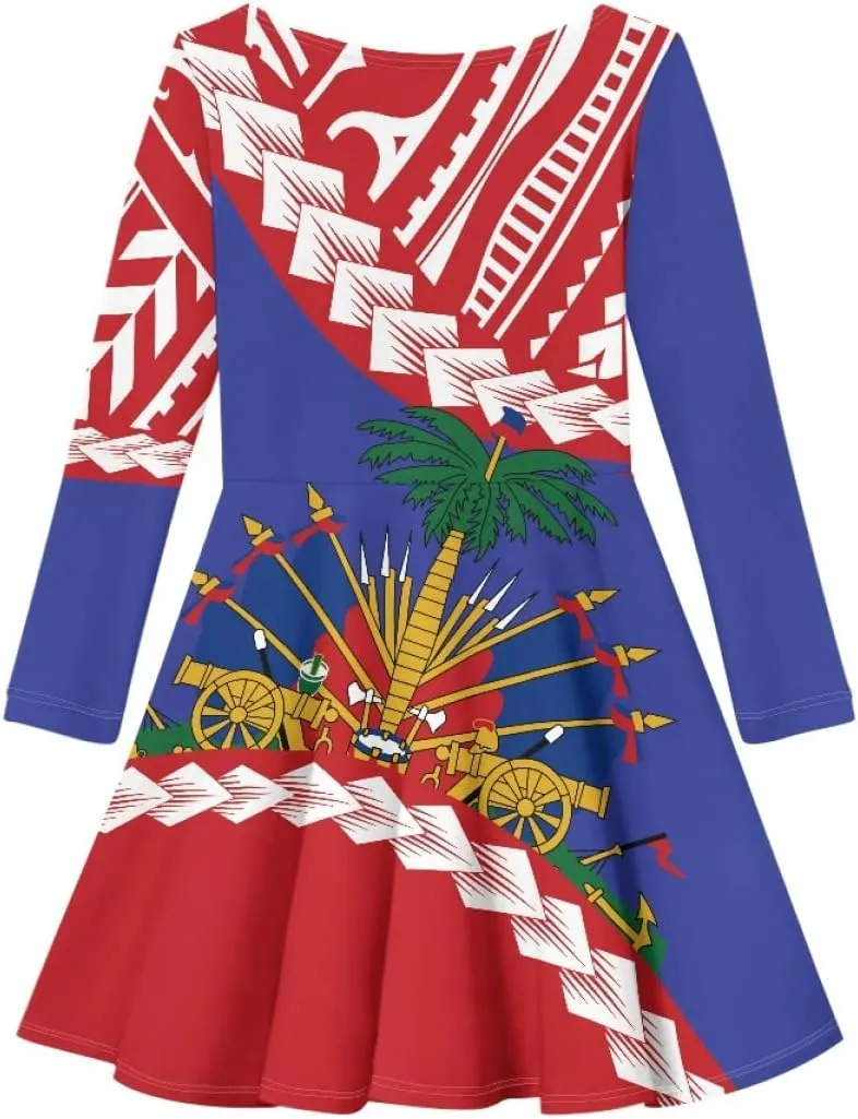 Polynesian Samoa Printed Dress Summer Casual Beach Swing Long Sleeve Sundress