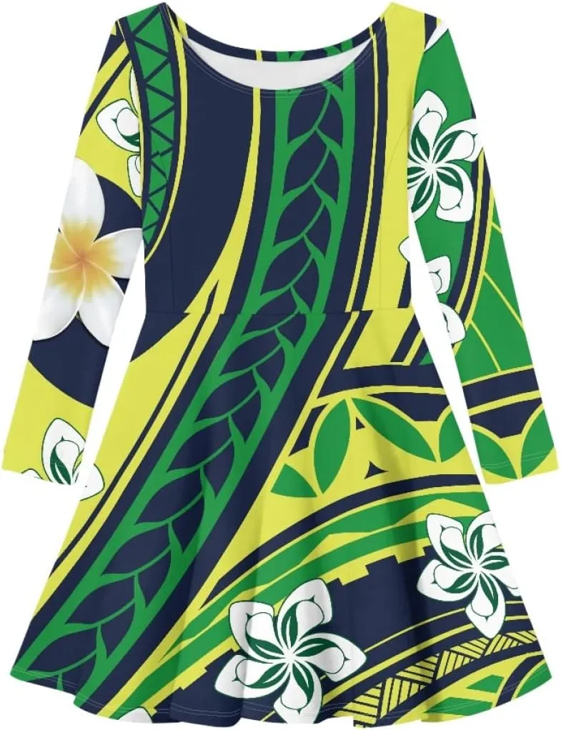 Polynesian Samoa Printed Dress Summer Casual Beach Swing Long Sleeve Sundress