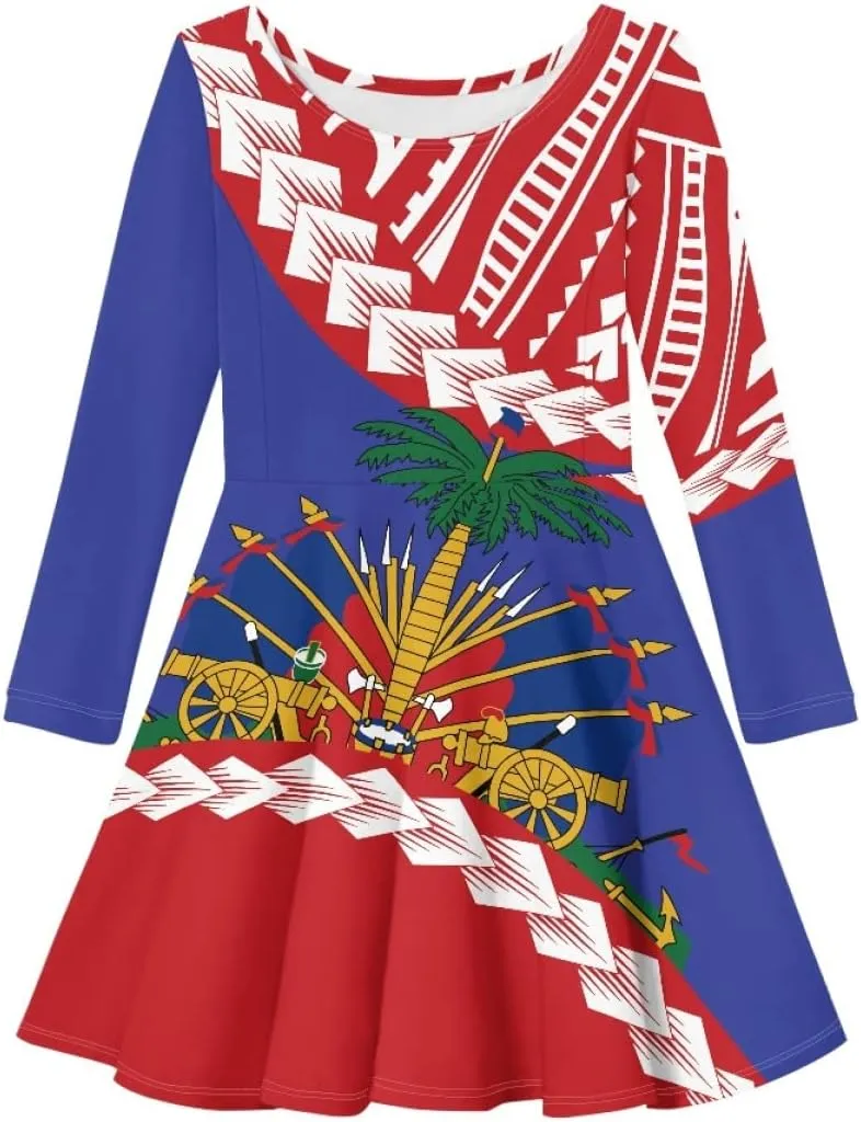 Polynesian Samoa Printed Dress Summer Casual Beach Swing Long Sleeve Sundress