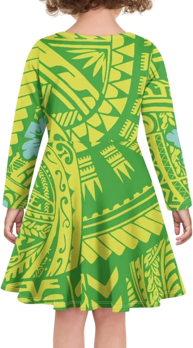 Polynesian Samoa Printed Dress Summer Casual Beach Swing Long Sleeve Sundress