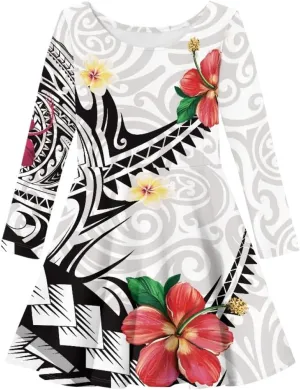 Polynesian Samoa Printed Dress Summer Casual Beach Swing Long Sleeve Sundress