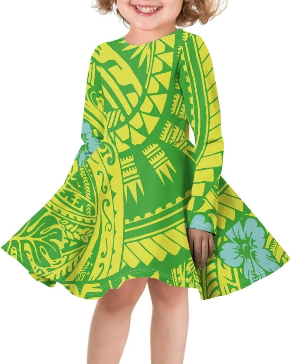 Polynesian Samoa Printed Dress Summer Casual Beach Swing Long Sleeve Sundress