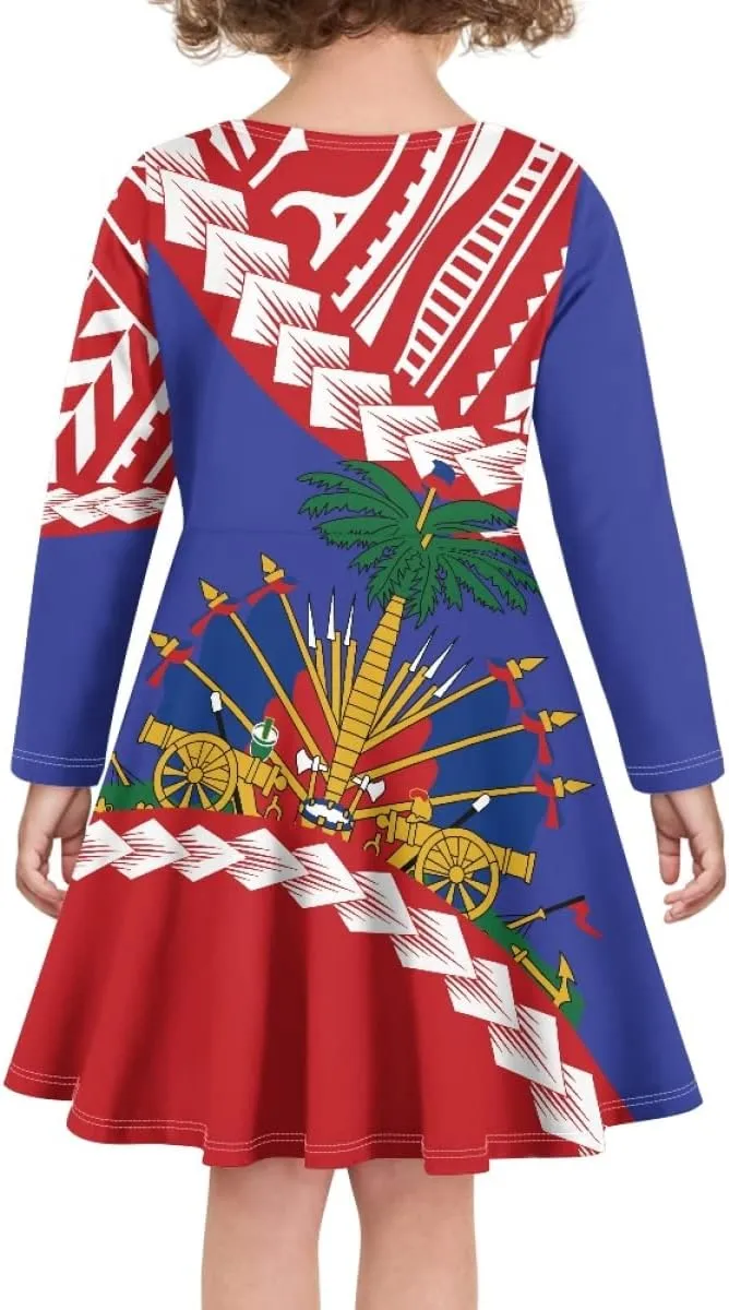 Polynesian Samoa Printed Dress Summer Casual Beach Swing Long Sleeve Sundress