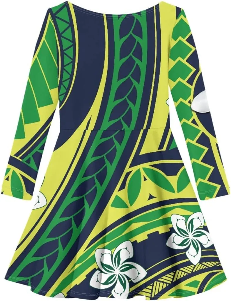 Polynesian Samoa Printed Dress Summer Casual Beach Swing Long Sleeve Sundress