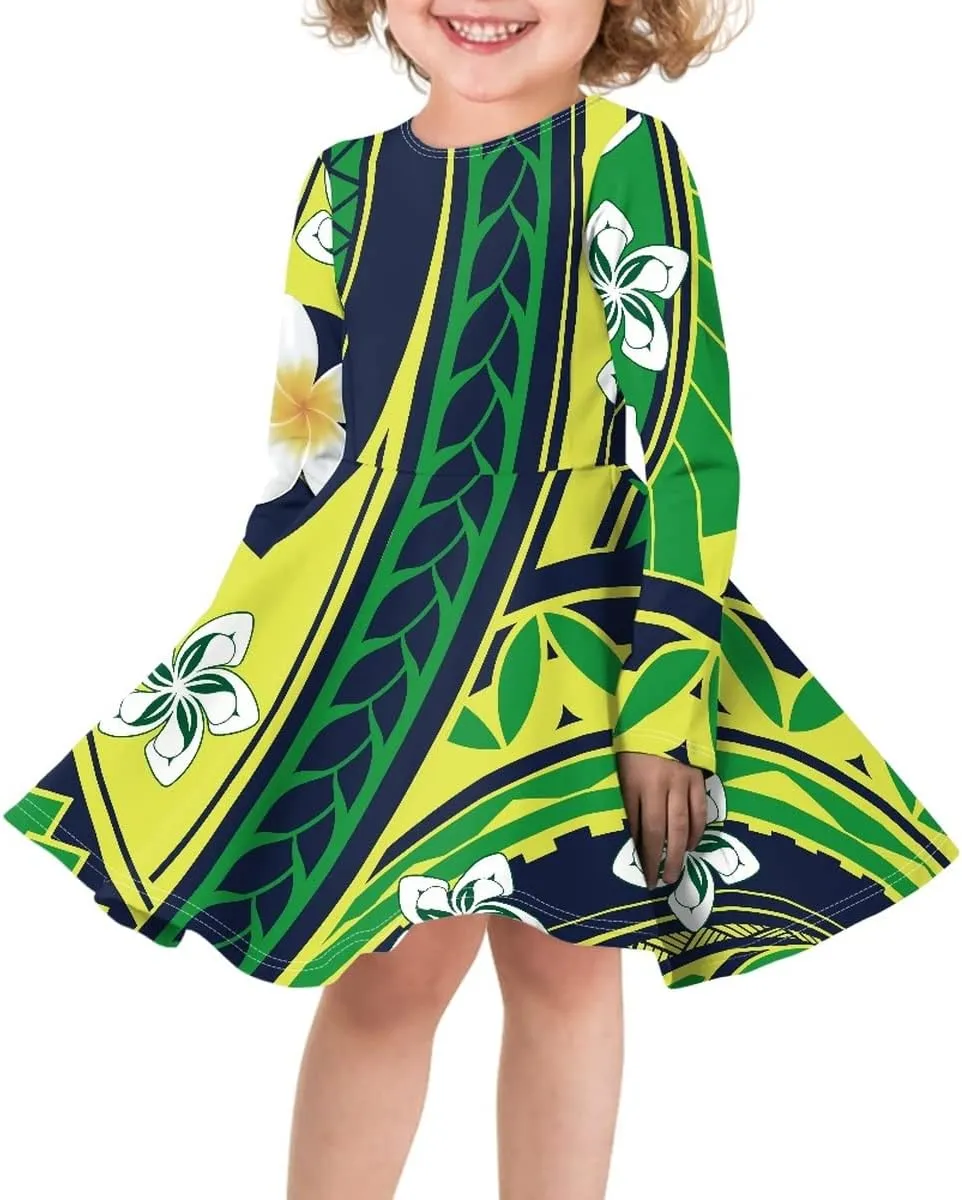Polynesian Samoa Printed Dress Summer Casual Beach Swing Long Sleeve Sundress