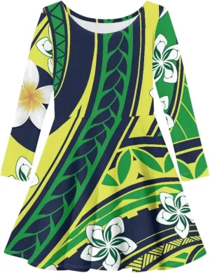 Polynesian Samoa Printed Dress Summer Casual Beach Swing Long Sleeve Sundress