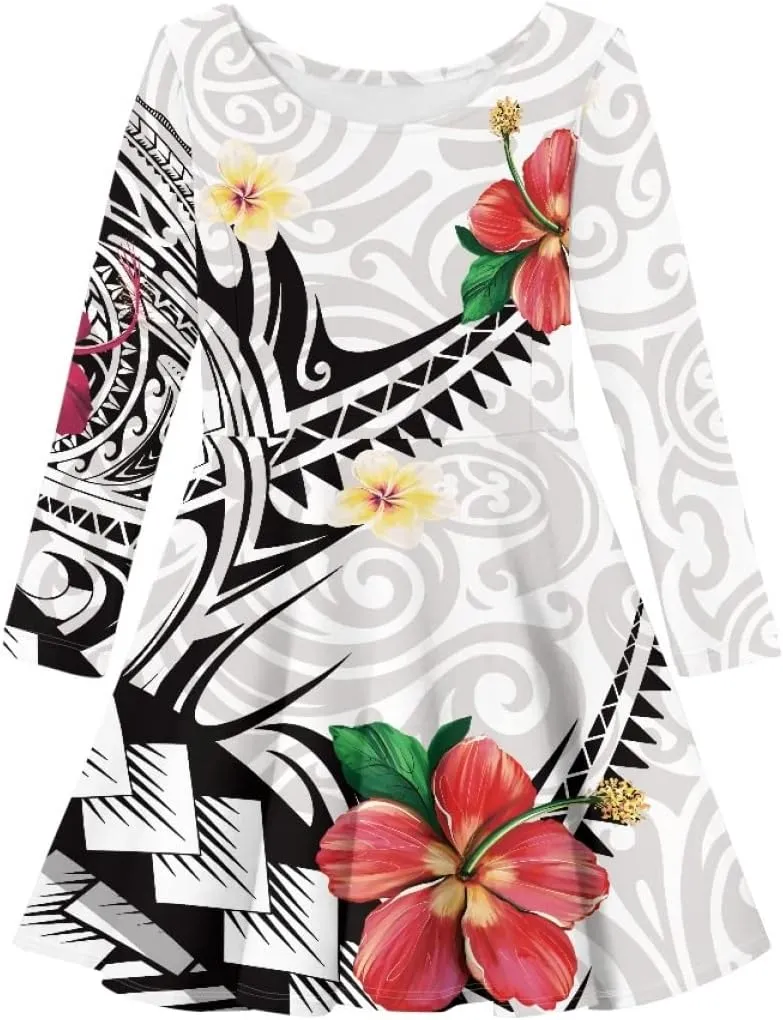 Polynesian Samoa Printed Dress Summer Casual Beach Swing Long Sleeve Sundress