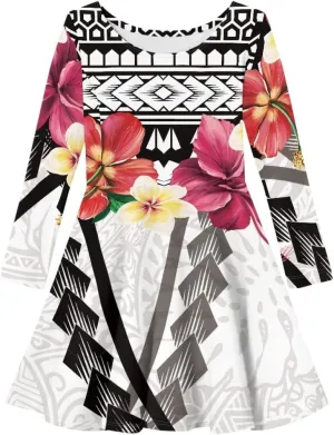 Polynesian Samoa Printed Dress Summer Casual Beach Swing Long Sleeve Sundress