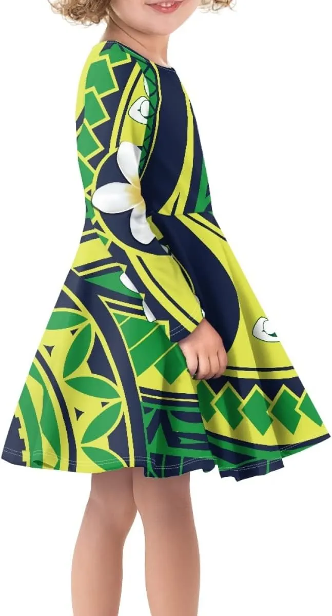 Polynesian Samoa Printed Dress Summer Casual Beach Swing Long Sleeve Sundress