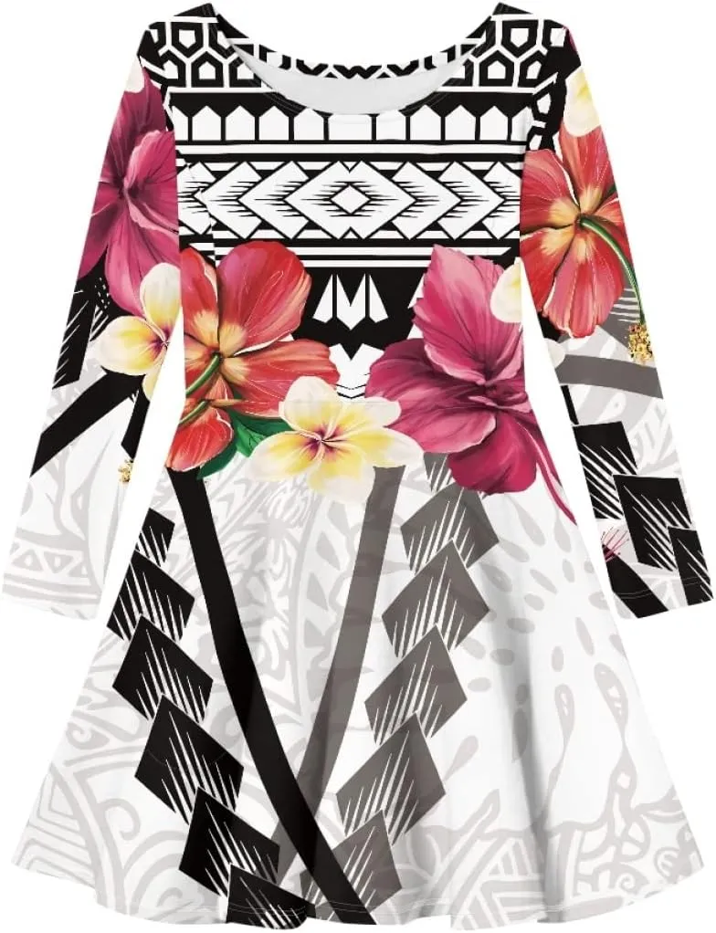 Polynesian Samoa Printed Dress Summer Casual Beach Swing Long Sleeve Sundress