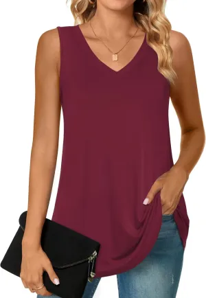 POPYOUNG Women's Long Tunic Tank to Wear with Leggings Summer V-Neck Sleeveless Tops Loose Shirts